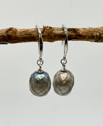 8-9mm Silver Carved Pearl Dangle Earrings