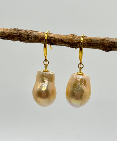 LARGE BAROQUE APRICOT PEARL RAINBOW DANGLES
