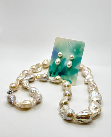 SALE! (24”) WHITE BAROQUE PEARL NECKLACE + EARRING SET