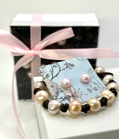 CLOSEOUT 8” PINK PEARL + LEATHER BRACELET