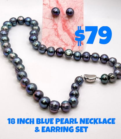 18” LARGE BLUE SILVER PEARL NECKLACE (9-11mm)