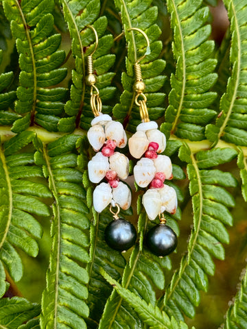 SALE $79 • NIIHAU SHELL HELECONIA + BLACK PEARL EARRING