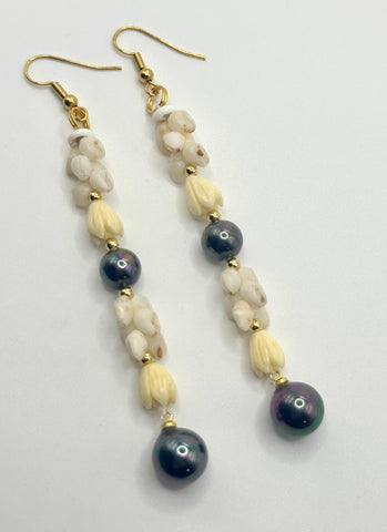 NIIHAU SHELL BLACK PEARL PĪKAKE  DANGLE EARRING