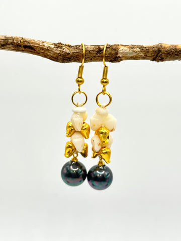 SALE $79 NIIHAU SHELL BLACK PEARL + GOLD EARRING