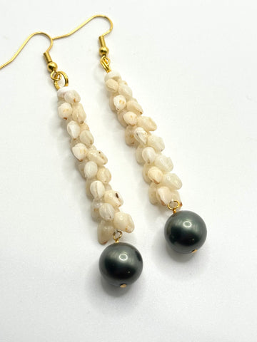 LONG NIIHAU SHELL PĪKAKE EARRINGS BLACK PEARL DANGLE